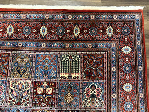 Wonderful Persian Qum Rug 10x13, Panel Design, Fine 260 KPSI, Signed, Red Multicolor