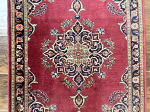 Small Persian Kashan Rug 2x3, Red and Navy Blue, Handmade Vintage Wool Semi Antique Persian Carpet, Semi Open Field, Pair B