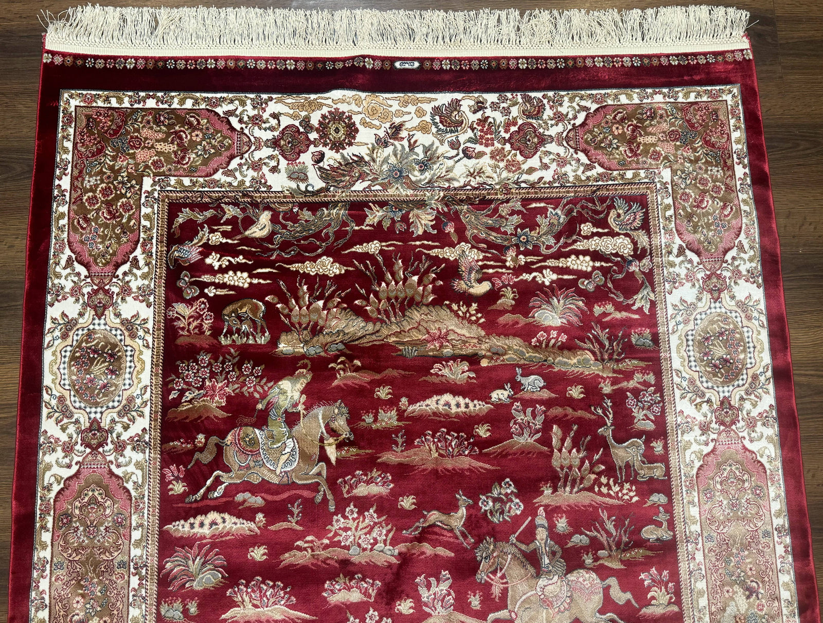 Turkish Silk Hunting Design Rug 4x6, Dark Red & Ivory, Bamboo Silk, New