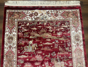 Turkish Silk Hunting Design Rug 4x6, Dark Red & Ivory, Bamboo Silk, New