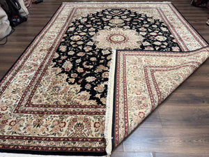 Sino Persian Rug 9x12, Black and Beige, Floral Medallion, Wool & Silk, Handmade
