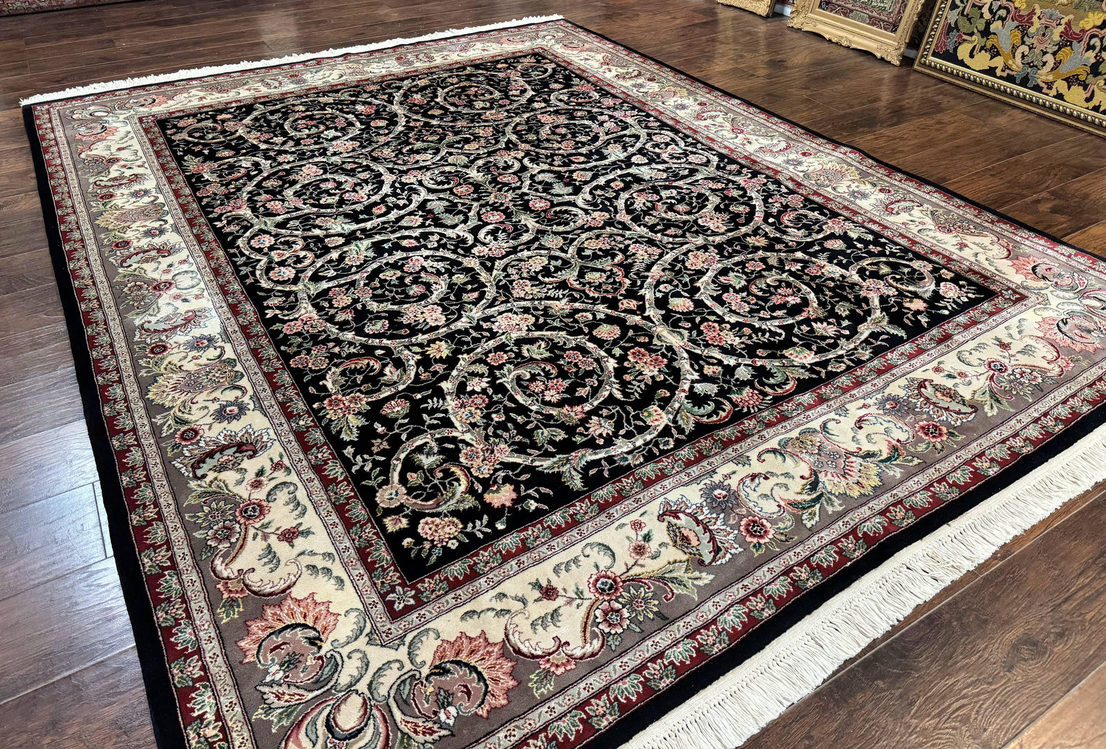 Black Pak Persian Rug 8x11, Floral Pattern, Hand Knotted Vintage Wool Rug with Silk Highlights, Fine 200 KPSI