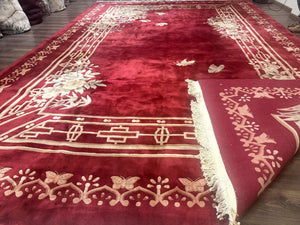 Palace Size Chinese Wool Rug 12x18, Red Art Deco Chinese Carving Carpet, Butterflies Flowers