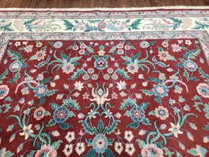 Indo Persian Rug 7.9 x 9.9 ft, Room Sized Indian Carpet, Wool Handmade Vintage Rug, Allover Floral Rug, Traditional Rug, Red Ivory Blue 8x10