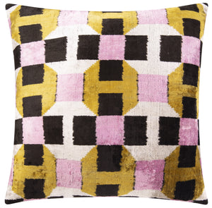 Luxurious Handmade 26x26 Silk Velvet Throw Pillow - Geometric Pattern, Vegetable Dyed, Down Feather Insert