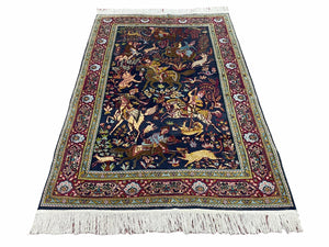 Indian Kashmiri Wool & Silk Rug 4x6 ft, Hunting Scene, Midnight Blue, Hand-Knotted, Archers, Swords, Horses, Vintage Antique Oriental Carpet
