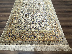 Rare Silk Persian Kashan Rug 4.6 x 7, Antique Fine 310 KPSI, Ivory