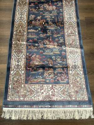 Turkish Silk Rug 2.6 x 6.7, Short Runner Rug, Blue & Ivory, Bamboo Silk, New