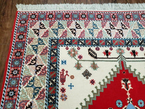 Vintage Moroccan Carpet 5x7 Area Rug, Berber Rug, Handmade Soft Wool Rug, Red Ivory and Blue, Geometric Medallion Rug, Bohemian Rug, Nice