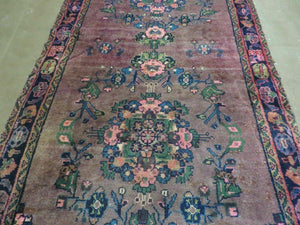 3 x 7 Antique Persian Hamadan Nahavand Rug, Tribal Runner Rug , Handmade Oriental Wool Rug, Vegetable Dyed, Purple-Red & Dark Blue, 3x7 Rug