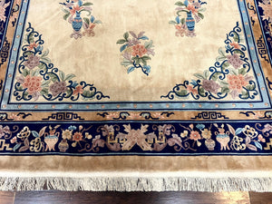 Chinese Wool Rug 8x11, Peking Asian Oriental Carpet, Cream/Ivory and Blue, Vintage Handmade Rug, Art Deco Rug