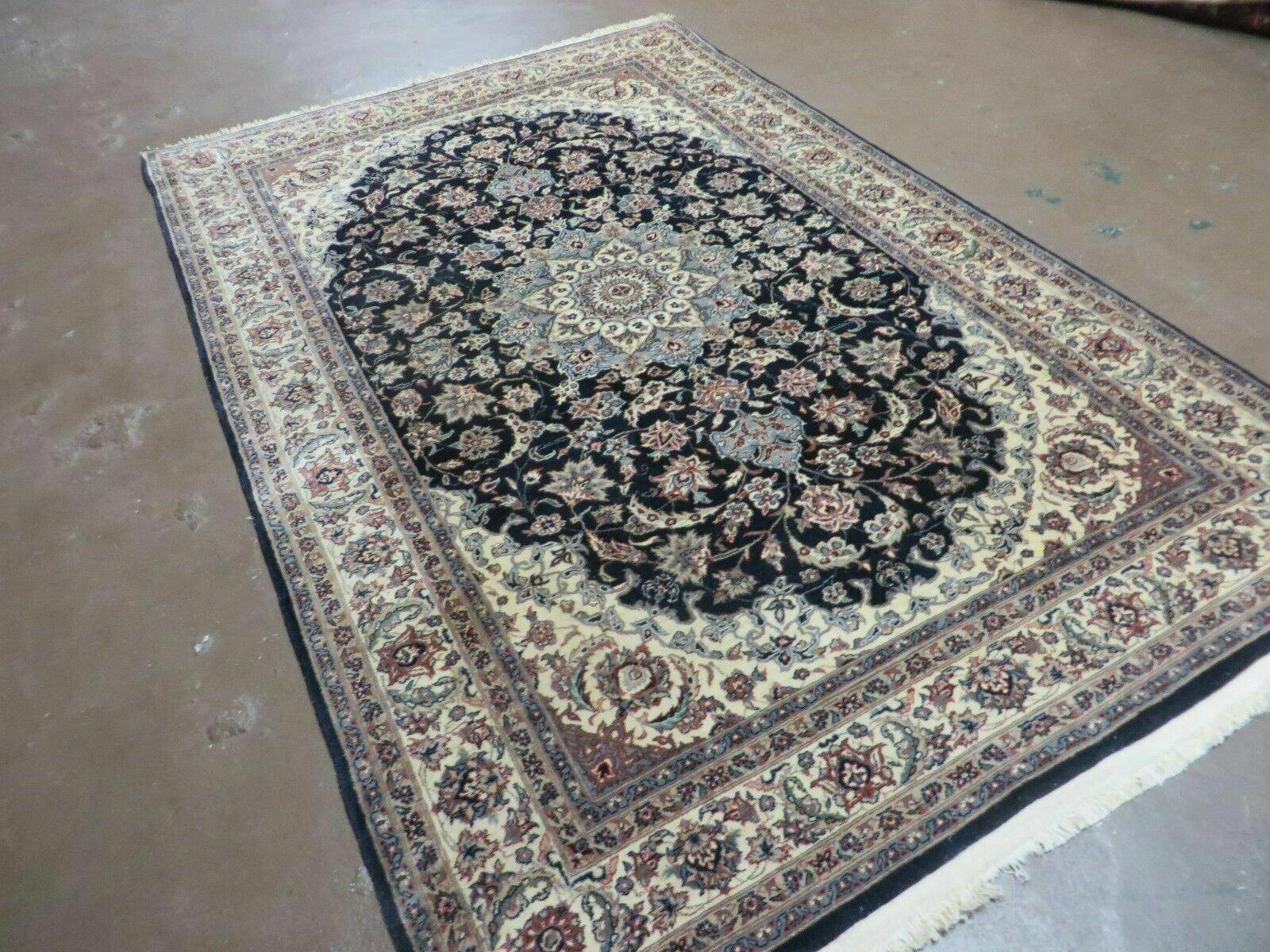 4' X 7' Vintage Handmade India Wool Silk Accent Rug Hand Knotted Black Organic