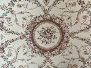 Large Aubusson Rug 10x14, Elegant French European Floral Design, Vintage Handmade Wool Room Sized Carpet, Ivory