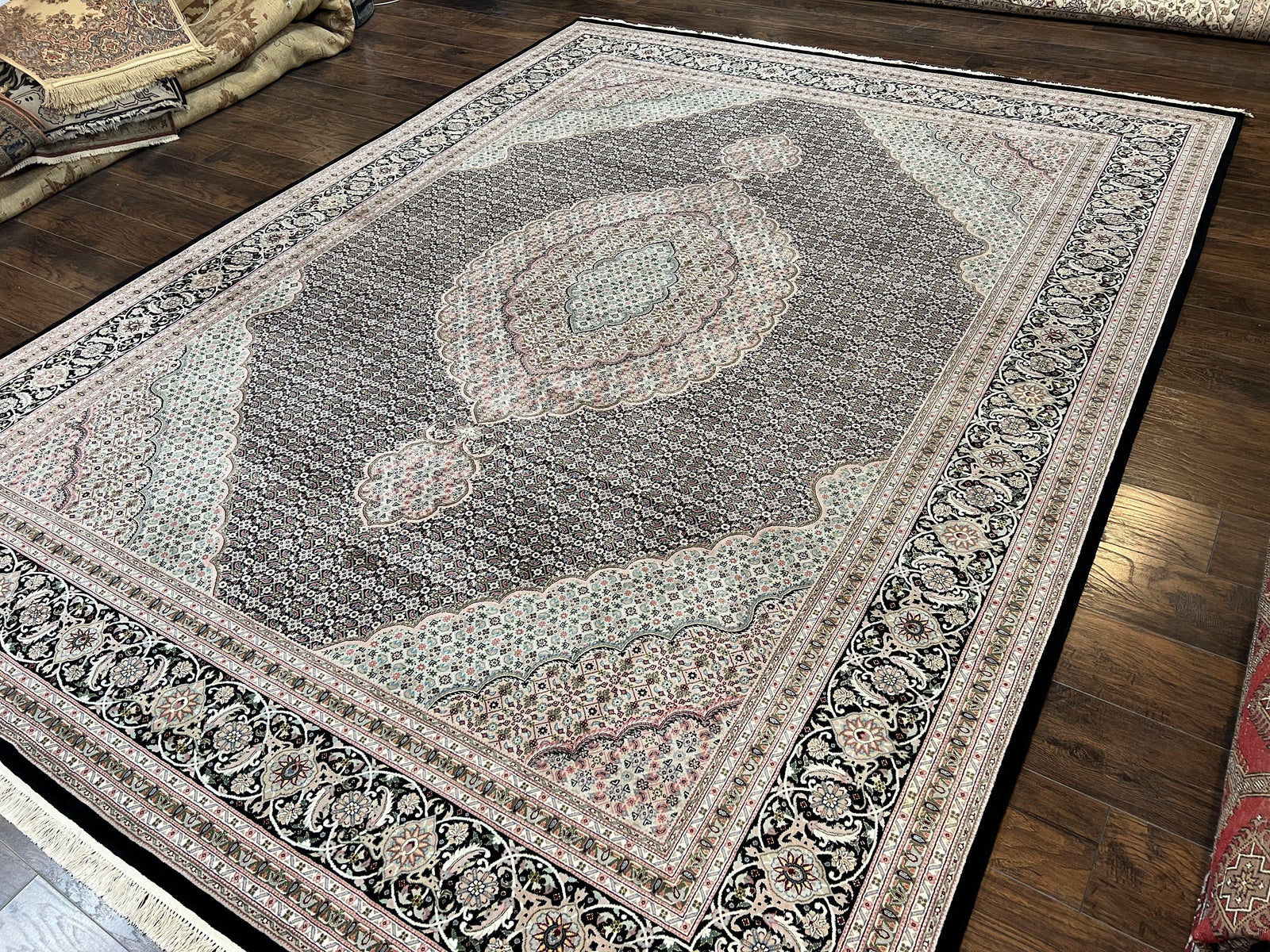 Fine Sino Persian Rug 9x12, Herati Mahi Pattern, Hand Knotted Wool Vintage Black Oriental Carpet 9 x 12 ft, Handmade Room Sized Rug, Nice