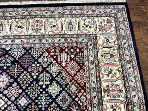 Indo Persian Rug 10x14, Large Wool Hand Knotted Vintage Carpet, Navy Blue & Ivory, 10 x 14 Room Sized Traditional Oriental Rug
