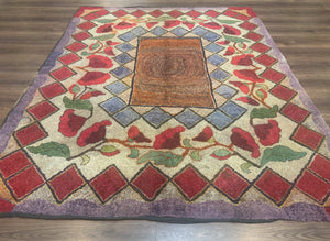 Vintage American Hooked Rug 6x7, Unique Colors, Red Lavender Cream, Abstract
