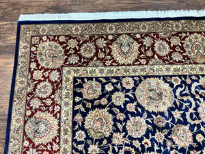 Sino Persian Rug 9x12, Wool Hand Knotted Vintage Oriental Carpet, Navy Blue Floral Allover, Traditional Room Sized 9 x 12 Rug