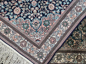 Sino Persian Silk Rug 2x2 ft, Very Fine High KPSI Small Silk Oriental Carpet, Hand-Knotted, Medallion, Vintage Silk Rug, Black Ivory/Cream