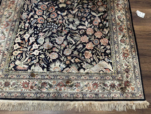 Silk Rug 4x6, Black and Cream, Floral & Bird Pictorials, Fine 330 KPSI, Sino Persian Rug