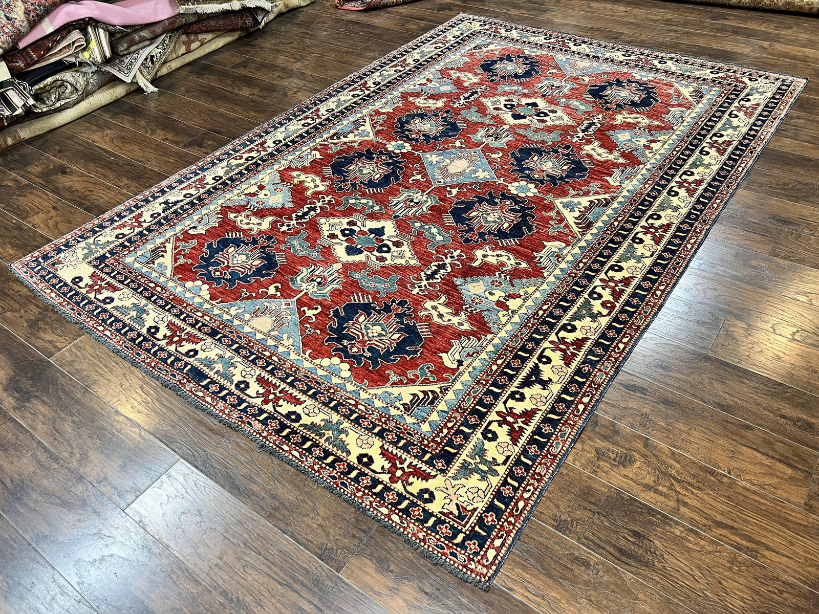 Turkish Heriz Rug 7x10, Wool Hand Knotted Handmade Room Sized Oriental Carpet, Red & Ivory, Vintage Geometric Oriental Rug 7 x 10 ft