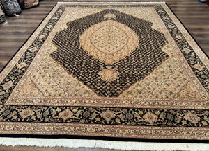 Sino Persian Rug 8x10, Herati Mahi Pattern, Fine 170 KPSI, Black, Wool and Silk Highlights