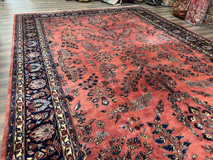 Indo Sarouk Rug 10x14, Vintage Indian Persian Area Rug 10 x 14, Wool Hand-Knotted Oriental Carpet, Red Floral Allover Large Rug, Beautiful