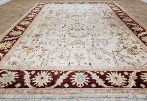 Beige and Maroon Peshawar Rug 10x15, Large Oushak Carpet, Pakistani Rug, Handmade Area Rug, Hand Knotted Rug, Living Room Rug, Nice Wool Rug