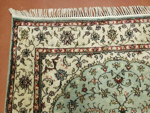 Silk Turkish Kayseri Rug 3x5, Light Mint Green and Ivory, Vintage Fine Silk Hand Knotted Oriental Carpet 3 x 5 ft, Floral Medallion, Nice