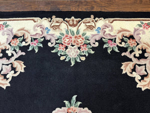 Aubusson Rug 8x11, Black and Ivory, Hooked Rug, Vintage, Wool