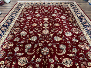 Sino Persian Rug 9x11, Burgundy and Navy Blue, Fine 200 KPSI, Floral Allover