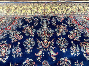 Sino Persian Kerman Rug 10x14, Blue and Beige, Floral Medallion, Fine 240 KPSI