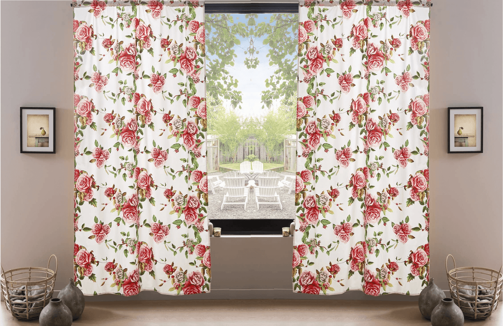 DaDa Bedding Set of 2-Pieces Romantic Roses Pink Floral Sheer Window Panel Curtains (JHW-879)