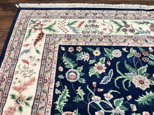 Indo Persian Rug 9x12, Wool Hand Knotted Vintage Carpet, Navy Blue & Ivory, Floral Allover Oriental Rug, 9 x 12 Room Sized Traditional Rug