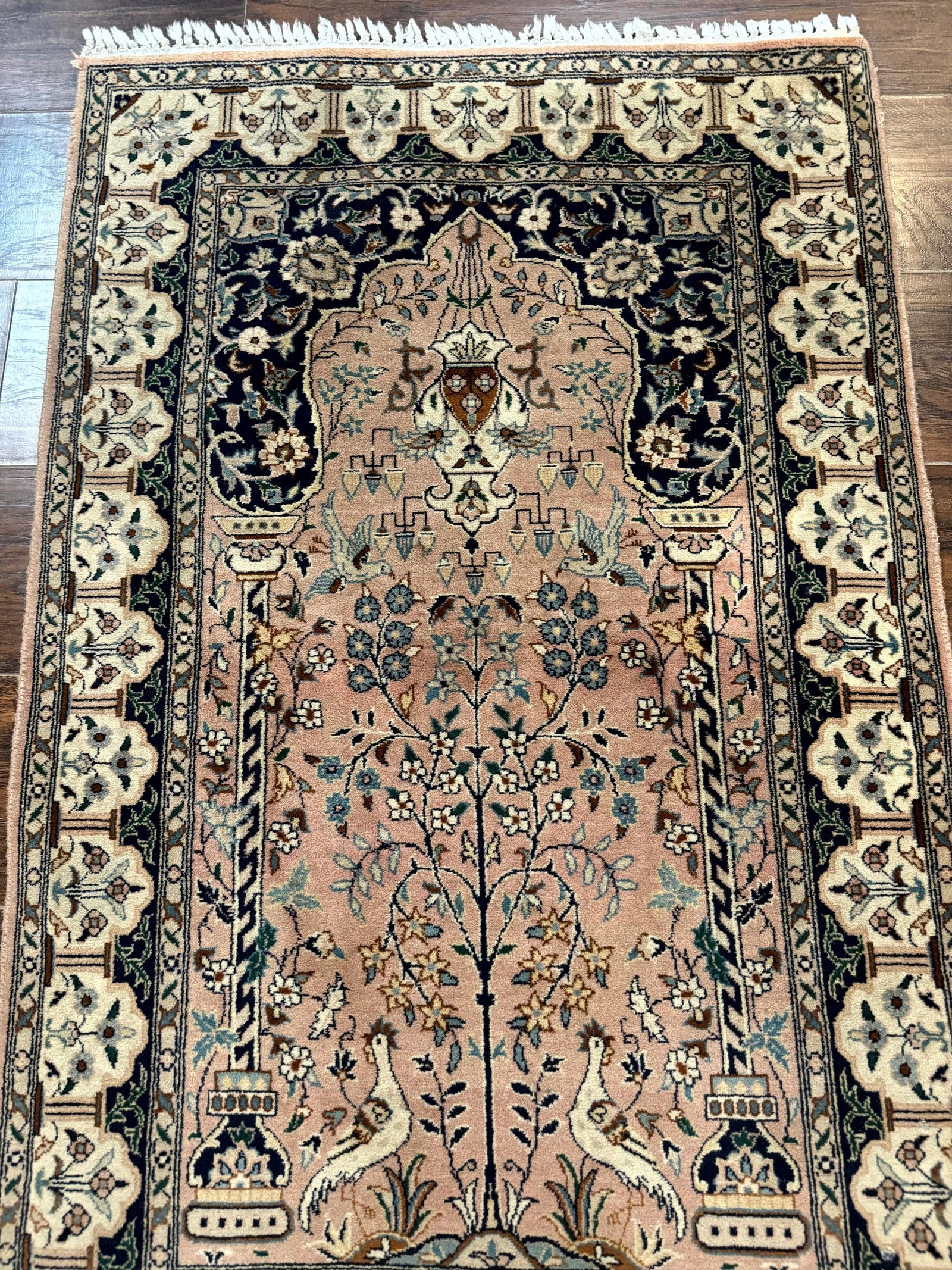 Small Tree of Life Prayer Rug, Pak Persian Rug 2.7 x 4, , Birds, Lantern, Handmade Vintage Fine 260 KPSI