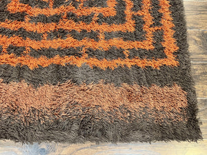 Vintage Rya Shag Rug 4.6 x 6.6, Abstract Design, Brown and Orange, Mid Century Danish Rya Carpet
