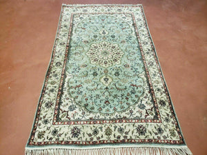 Silk Turkish Kayseri Rug 3x5, Light Mint Green and Ivory, Vintage Fine Silk Hand Knotted Oriental Carpet 3 x 5 ft, Floral Medallion, Nice