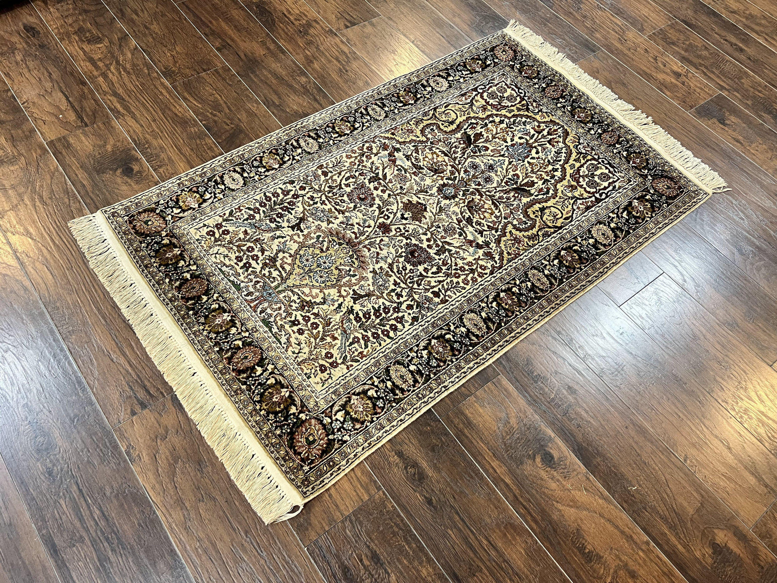 Turkish Kayseri Silk Rug 3x5, Tree of Life Silk Oriental Carpet, Birds Persian Vase Design, Hand Knotted Vintage Fine Rug, 340 KPSI