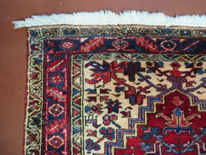 Persian Runner Rug, Heriz Runner Rug, Geometric Medallions, Red Cream Navy Blue Wool Hallway Rug 3.9 x 10.8 Antique Oriental Runner Handmade