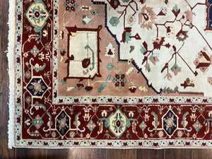 Indo Heriz Rug 9x12, Geometric Indo Persian Room Sized Decorative Area Rug 9 x 12 ft, Cream Navy Blue Pink Handmade Vintage Wool Carpet