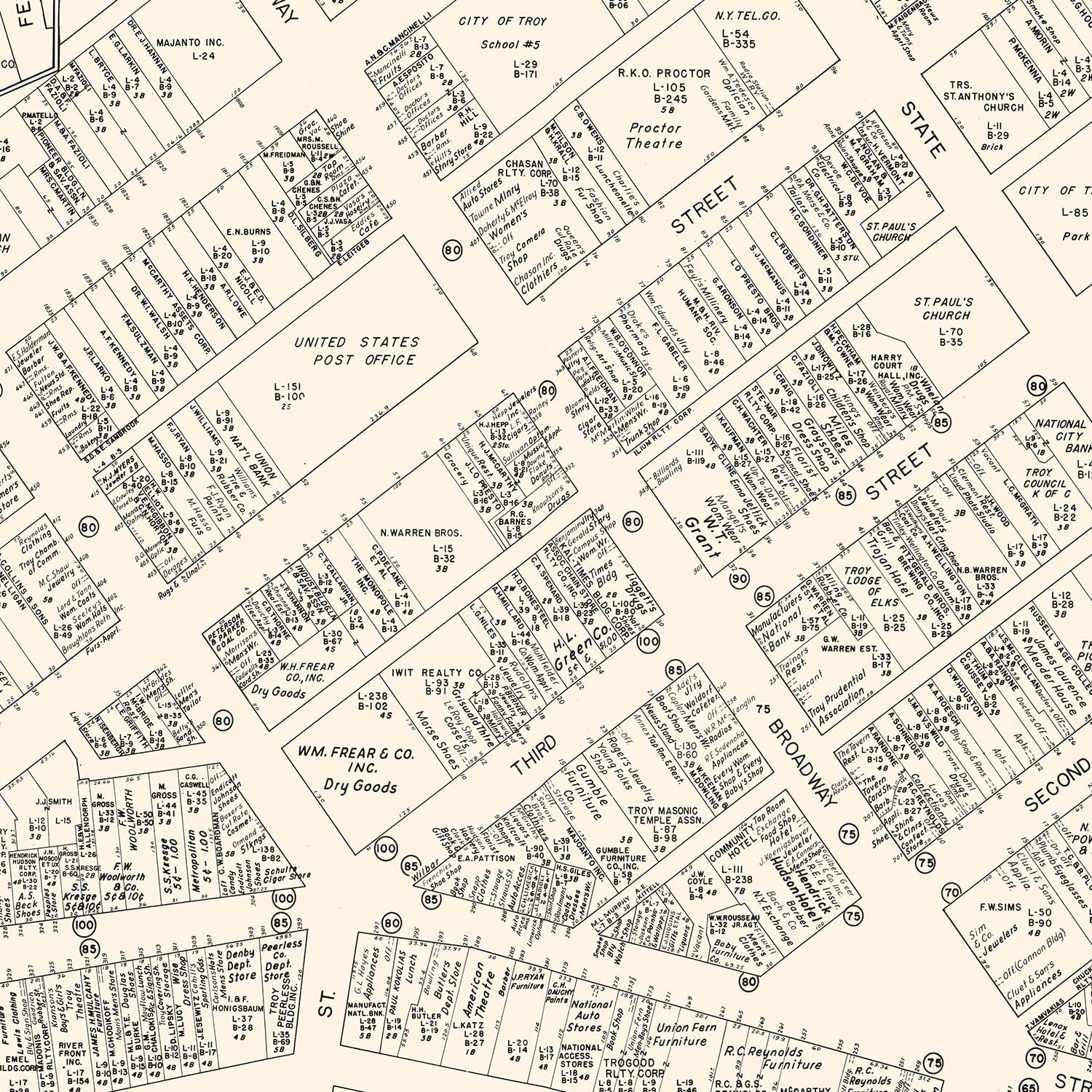 Vintage Map of Troy, NY Business Section 1947