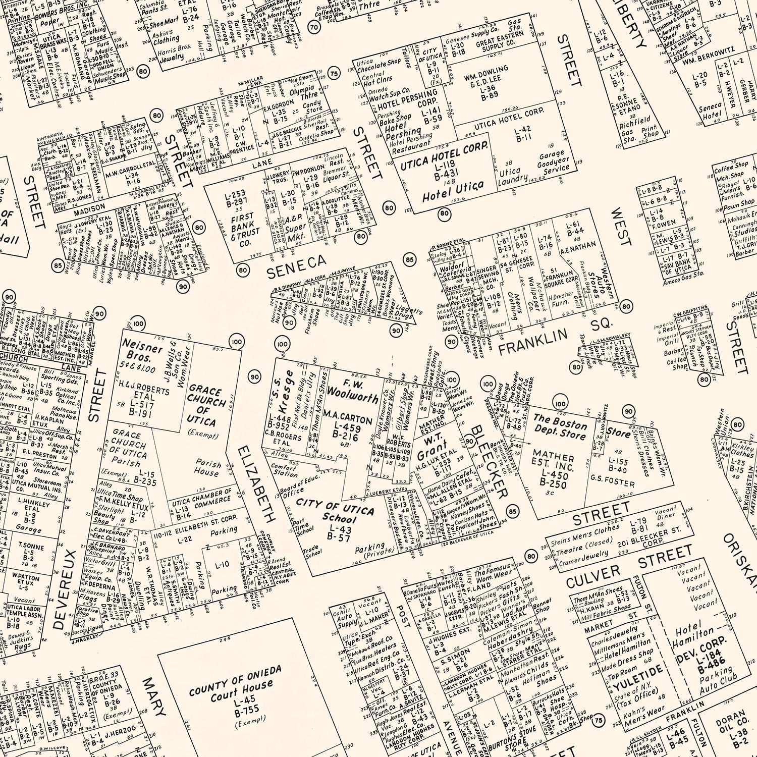 Vintage Map of Utica, NY Business Section 1947