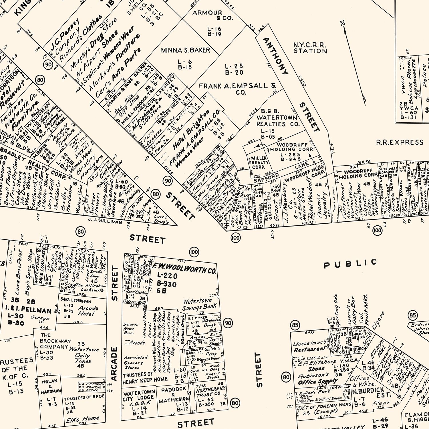 Vintage Map of Watertown, NY Business Section 1947