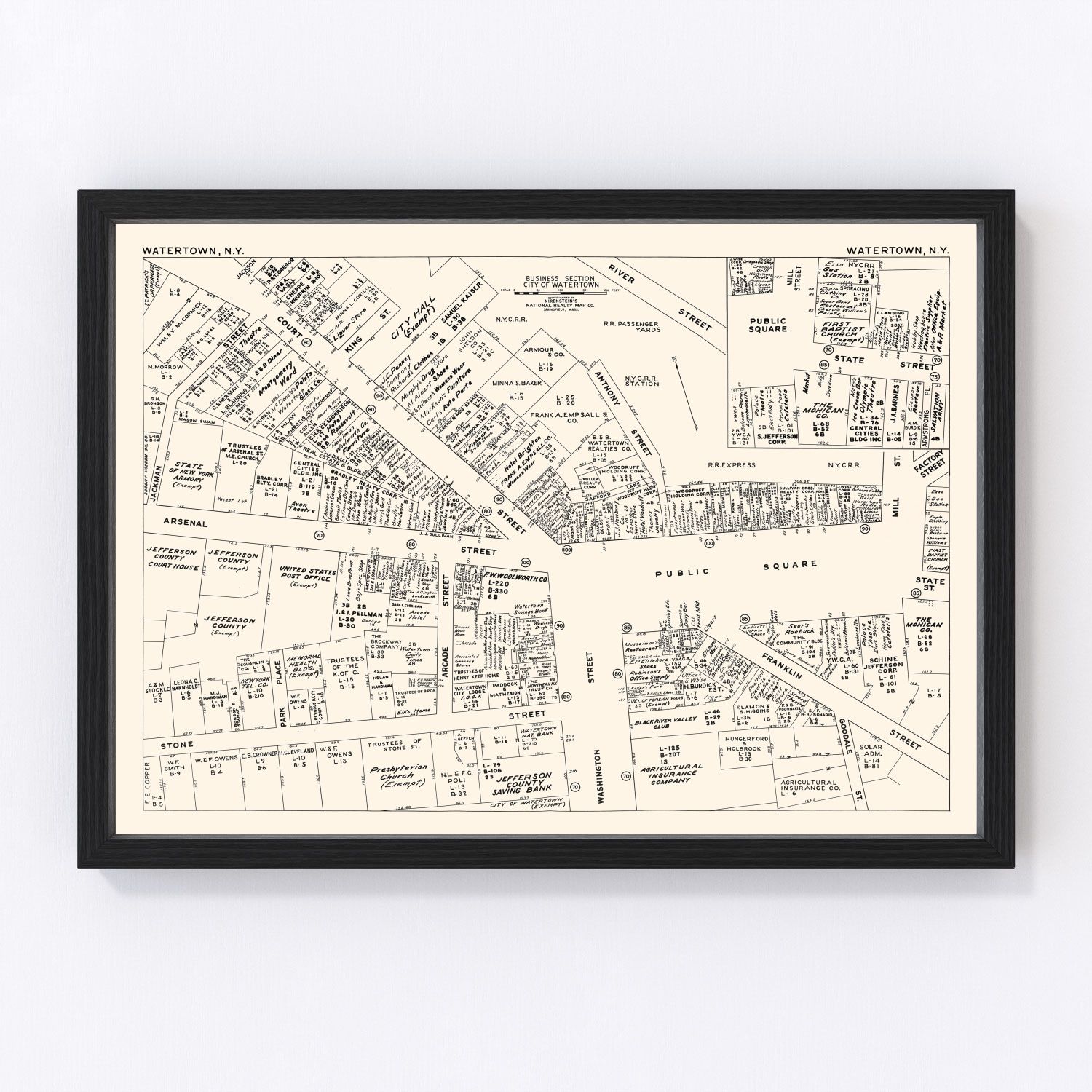 Vintage Map of Watertown, NY Business Section 1947