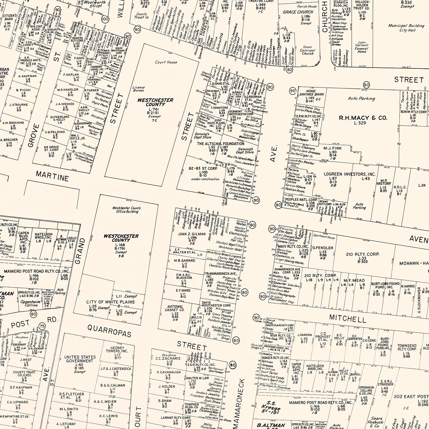 Vintage Map of White Plain, NY Business Section 1947