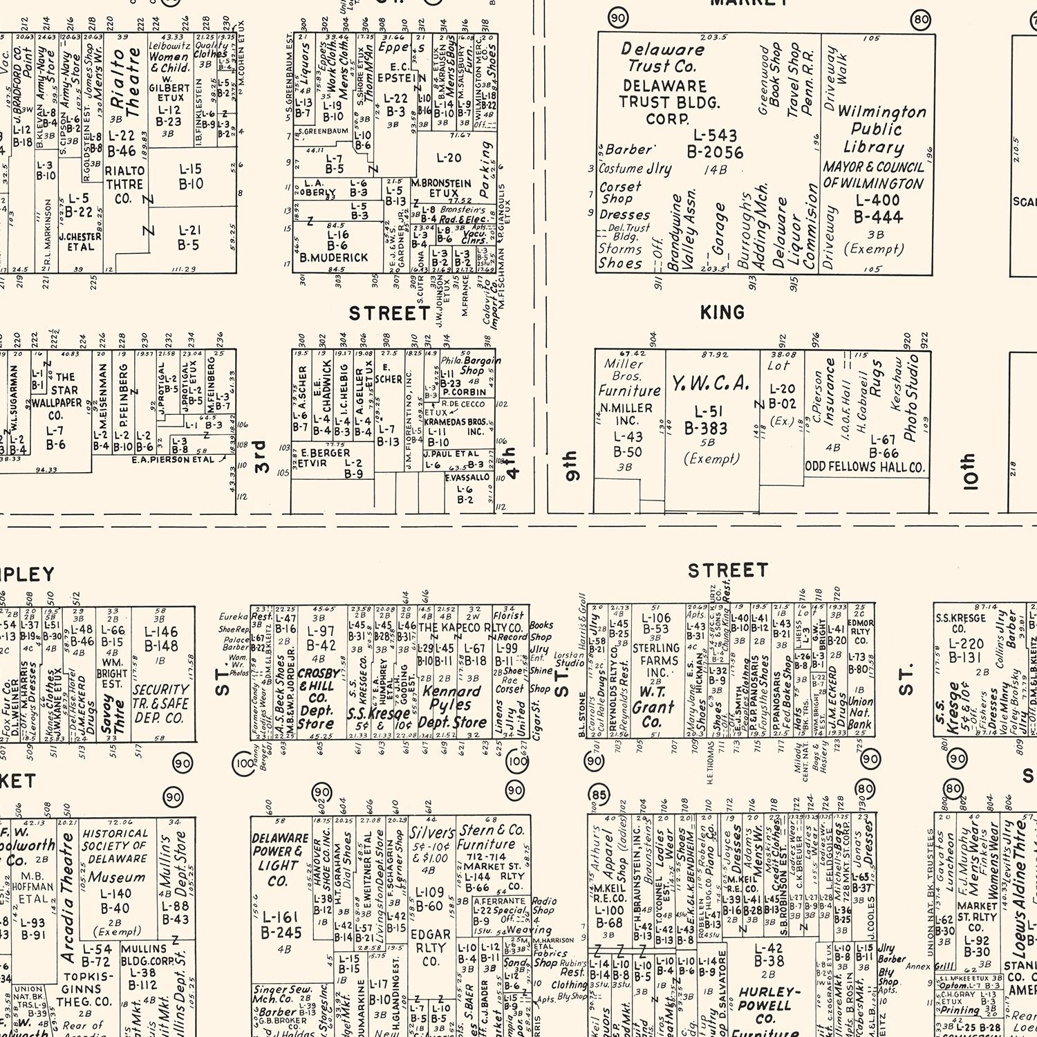 Vintage Map of Wilmington, DE Business Section 1947