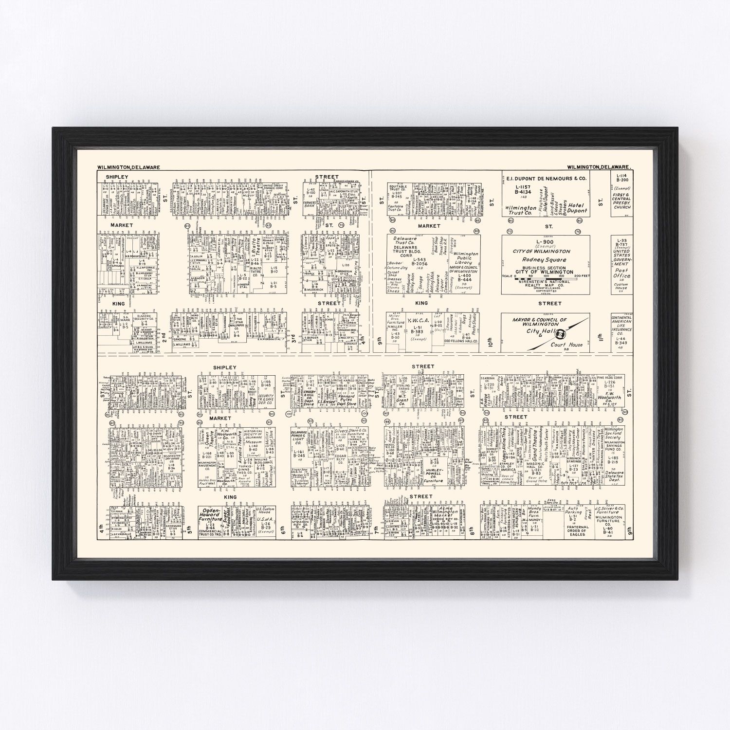 Vintage Map of Wilmington, DE Business Section 1947