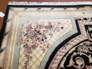 8x10 Aubusson Rug, Fine Hand Knotted Wool Carpet, French European Design, Black & Ivory