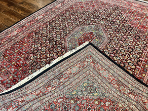 Indo Persian Rug 8x10, Wool Hand Knotted Vintage Carpet, Red & Midnight Blue, Indo Bidjar Oriental Rug, Herati Mahi Pattern, Room Sized Rug