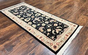 Sino Persian Short Runner Rug 2.7 x 6, Wool and Silk Highlights Black and Beige Handmade Vintage Floral Allover Oriental Carpet, Hallway Rug