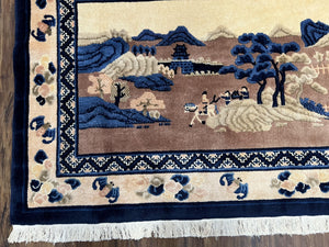 Antique Chinese Pictorial Rug 2.7 x 5, Chinese Village and Hills Carpet, Beige and Dark Blue, Handmade, Horizontal Rug Wall Hanging Tapestry